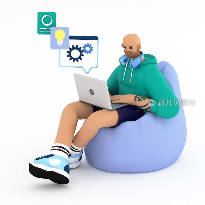 3D illustration of handsome beard man with laptop sitting on the bag chair. Businessman or freelancer using laptop for social networks, online remote working. 3d render image of working concept.